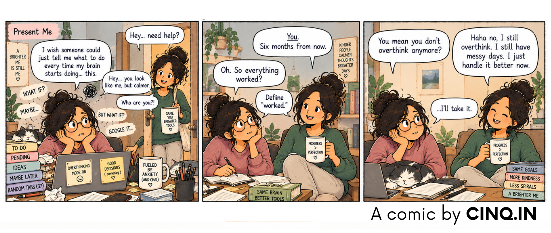 Comic: A girl meets her future self, who still overthinks but handles it better now.